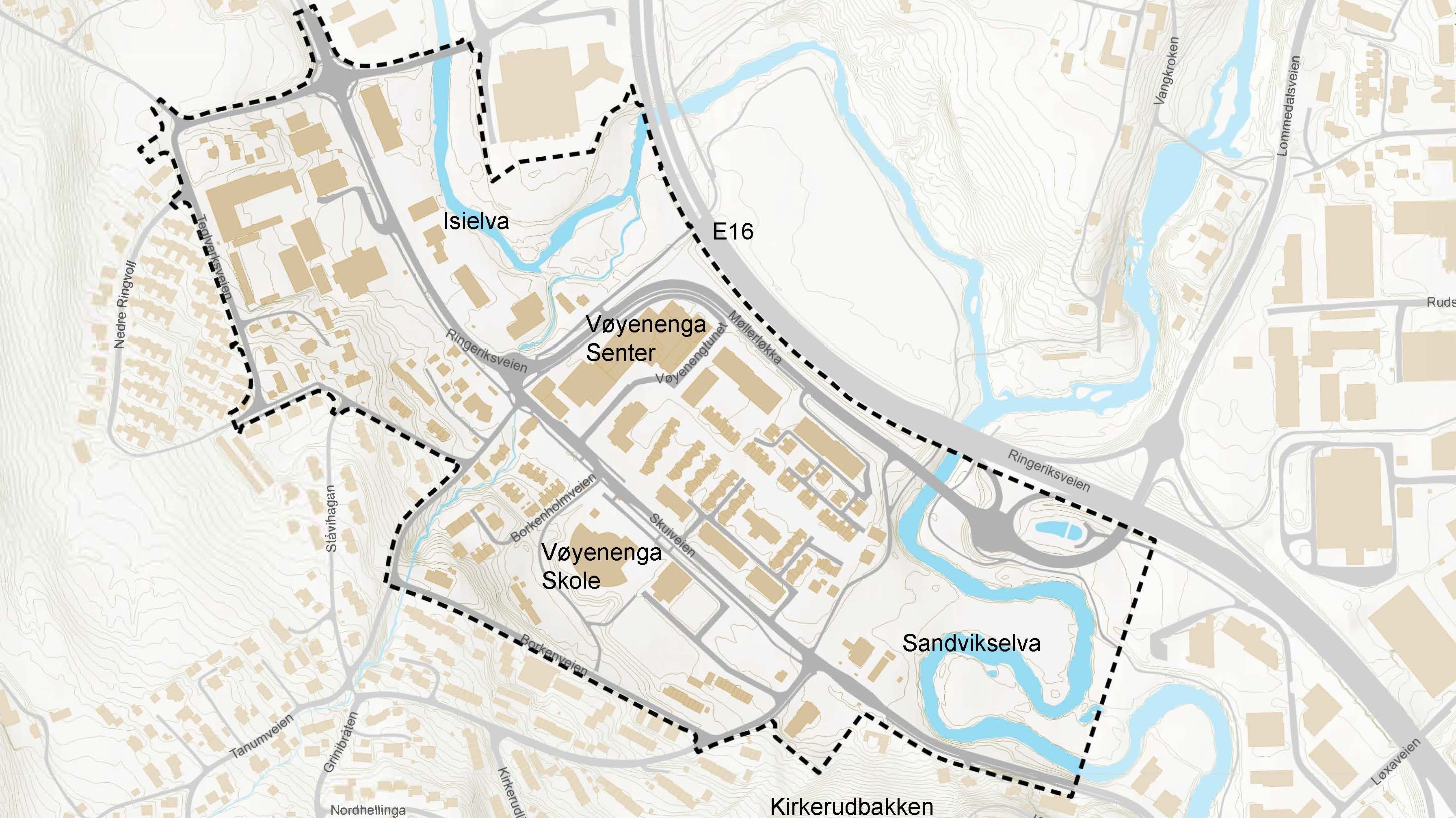 Kart som viser avgrensning av områdeutviklingsstrategi for Vøyenenga.