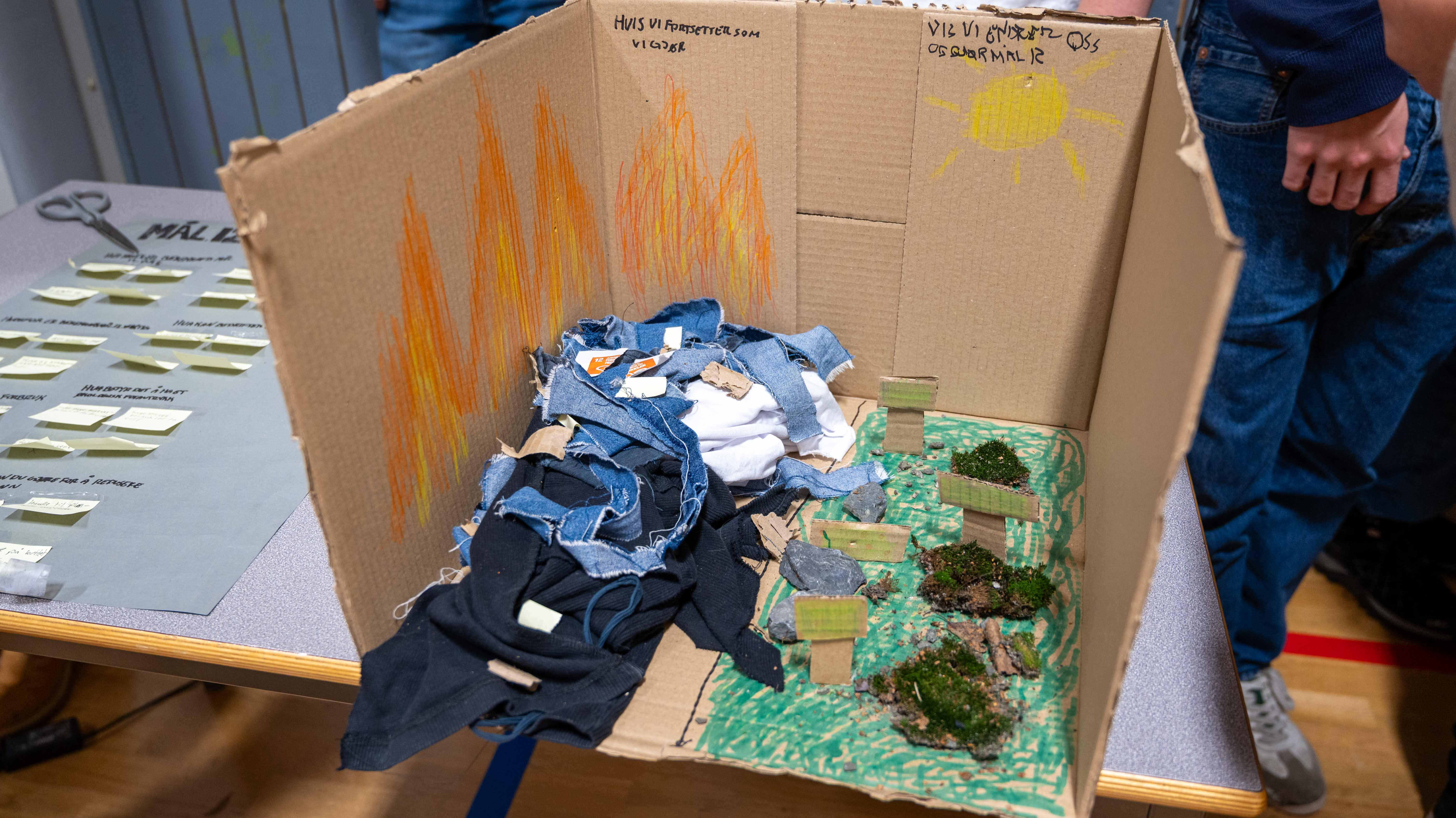 Elevene har laget en illustrasjon av FNs bærekraftsmål 12: Ansvarlig forbruk og produksjon. Venstre side viser hvordan det går hvis vi fortsetter som nå, høyre side viser en grønnere fremtid, dersom vi endrer oss.