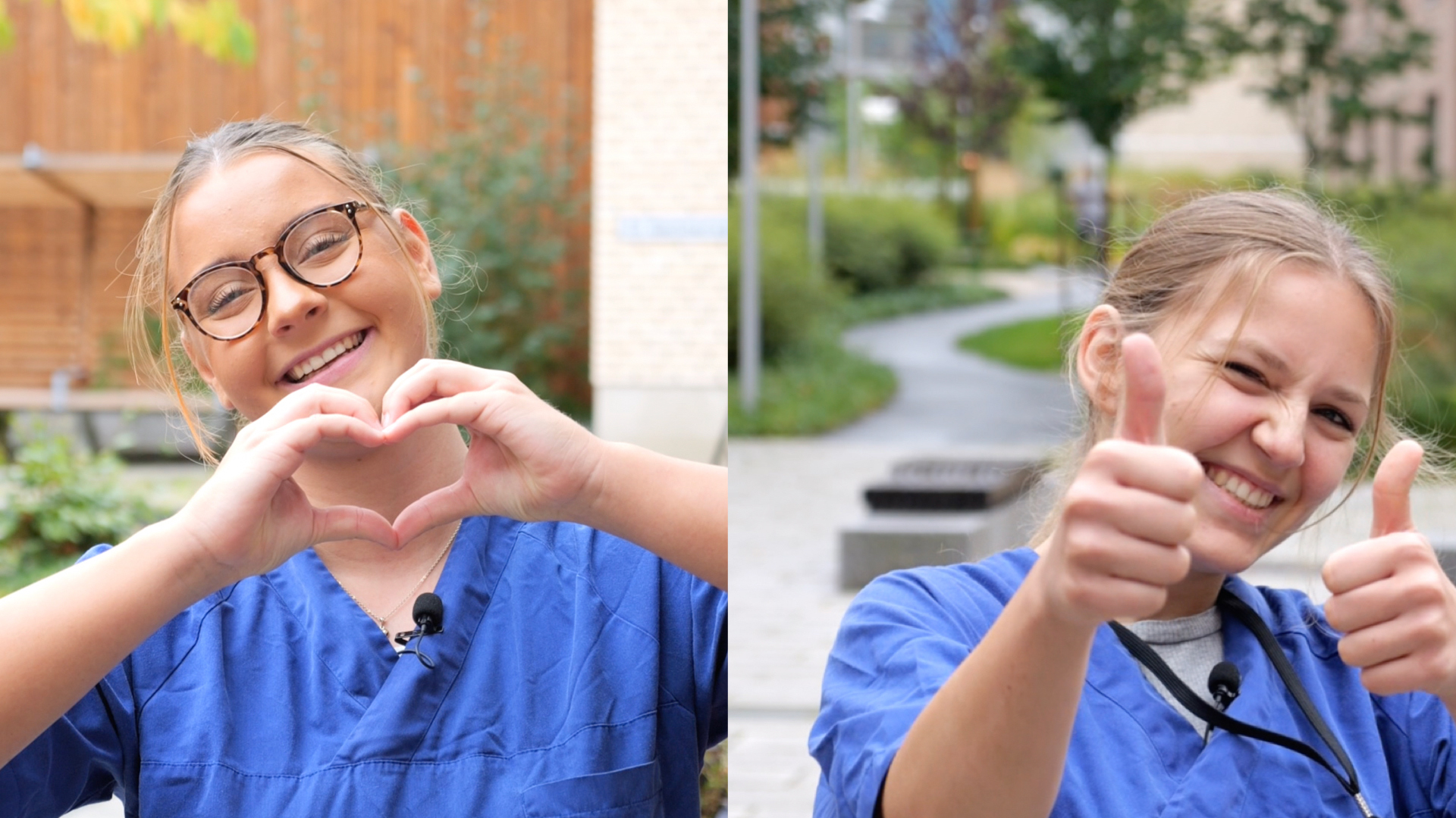 Hovedbilde helsefag - to jenter med hjerte og tommel opp 