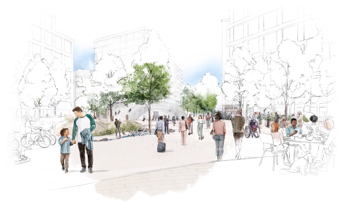 Illustrasjon som viser hvordan et torg på Fornebu sør kan se ut