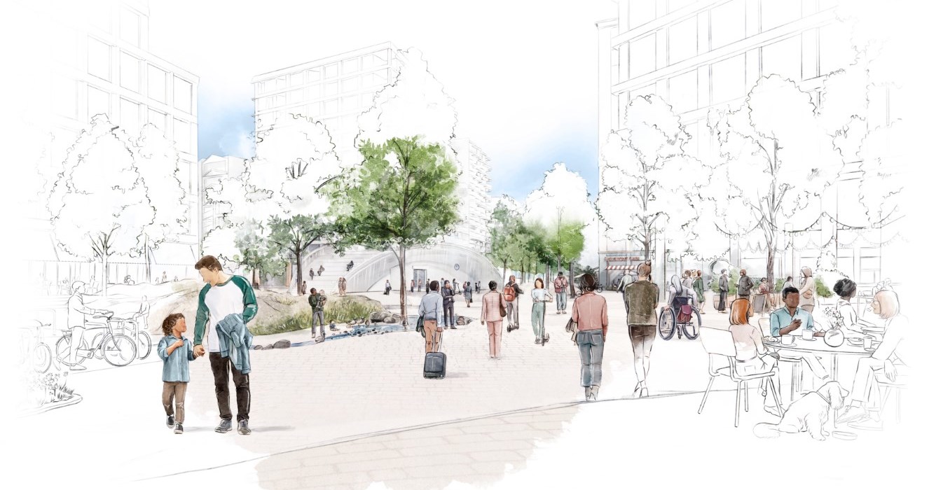 Illustrasjon som viser hvordan et torg på Fornebu sør kan se ut