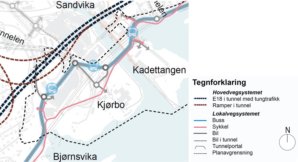 Sandvika sjøfront illustrasjon av veisystem alternativ 1