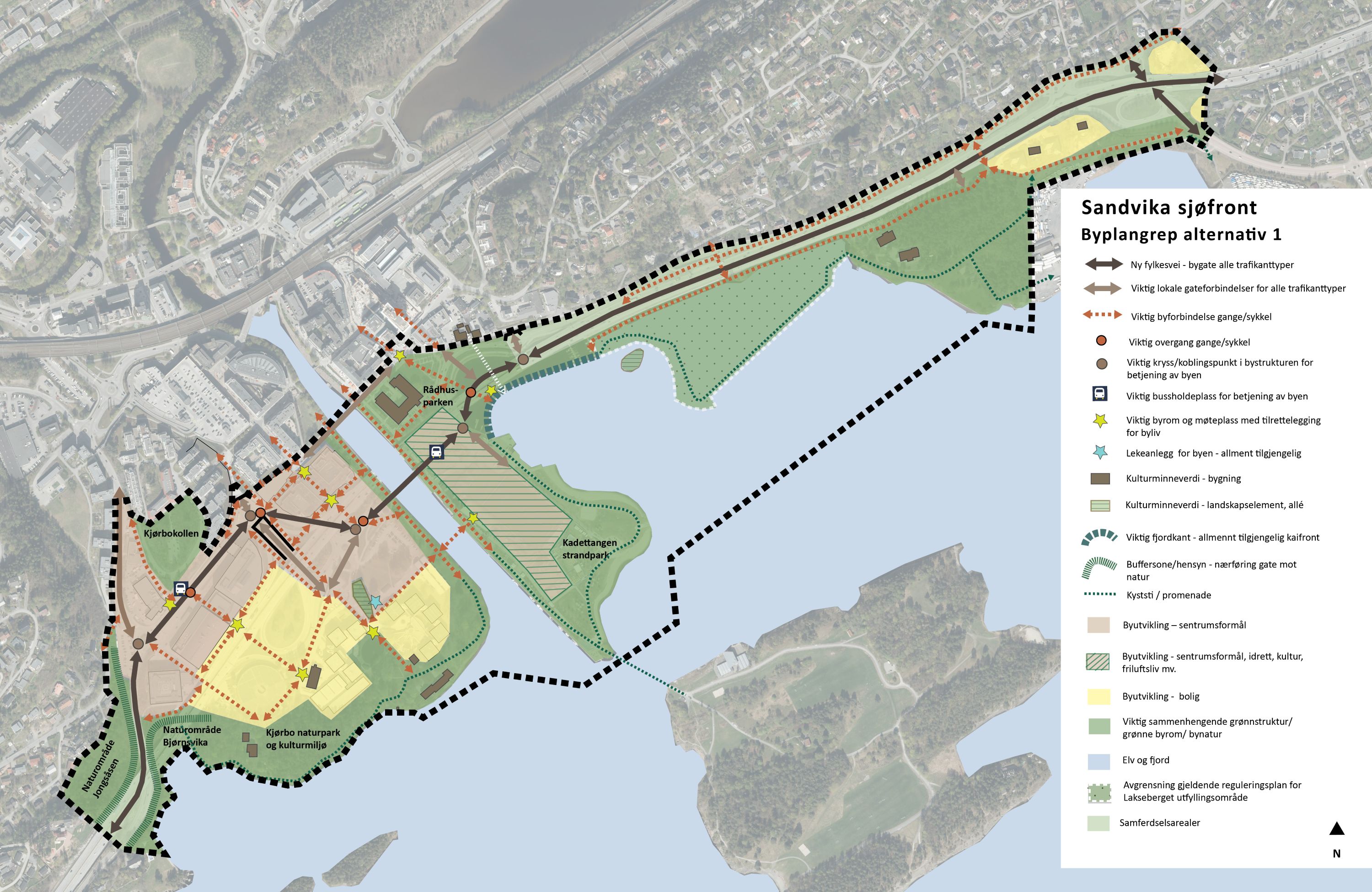 Byplangrep Sandvika sjøfront prinsippkart alternativ 1