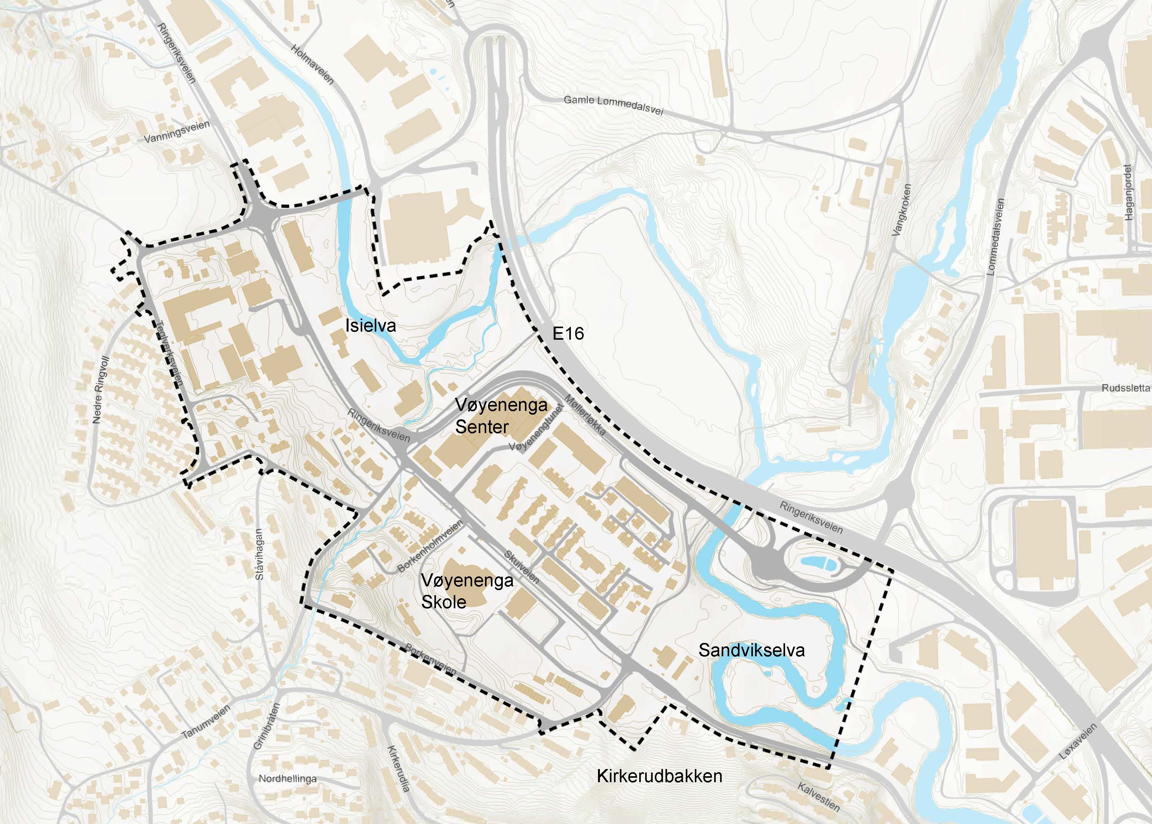 Kart som viser avgrensning av områdeutviklingsstrategi for Vøyenenga.