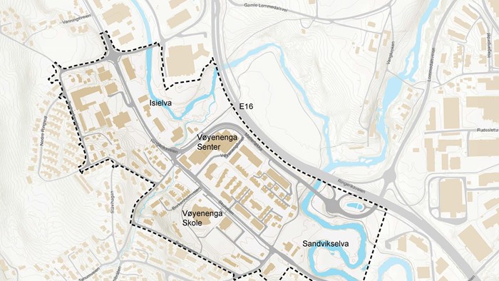 Kart som viser den områdesvise avgrensningen for Planprogram med byplangrep for Vøyenenga.