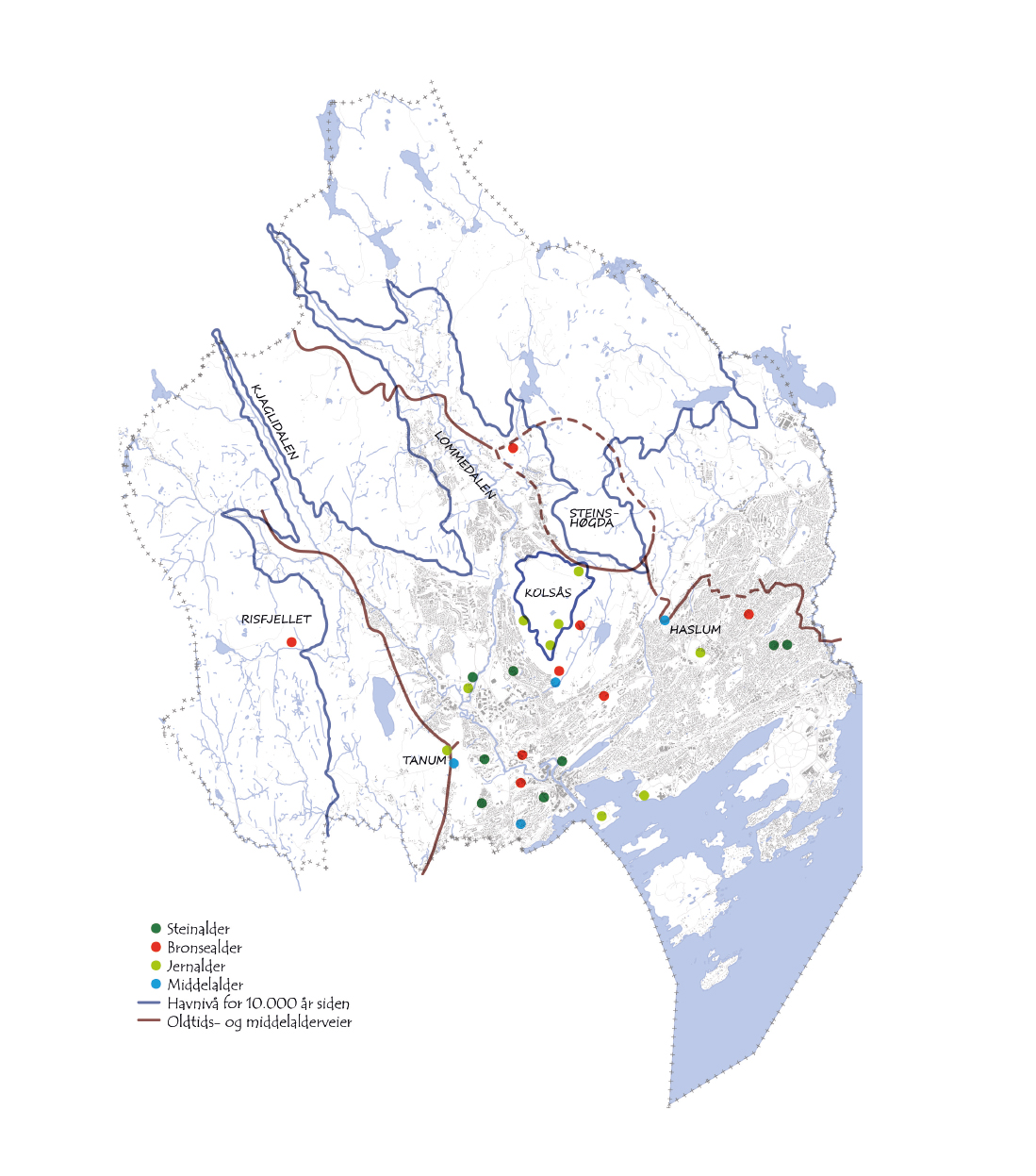 Kartet viser funn fra vår eldste historie som er omtalt i teksten